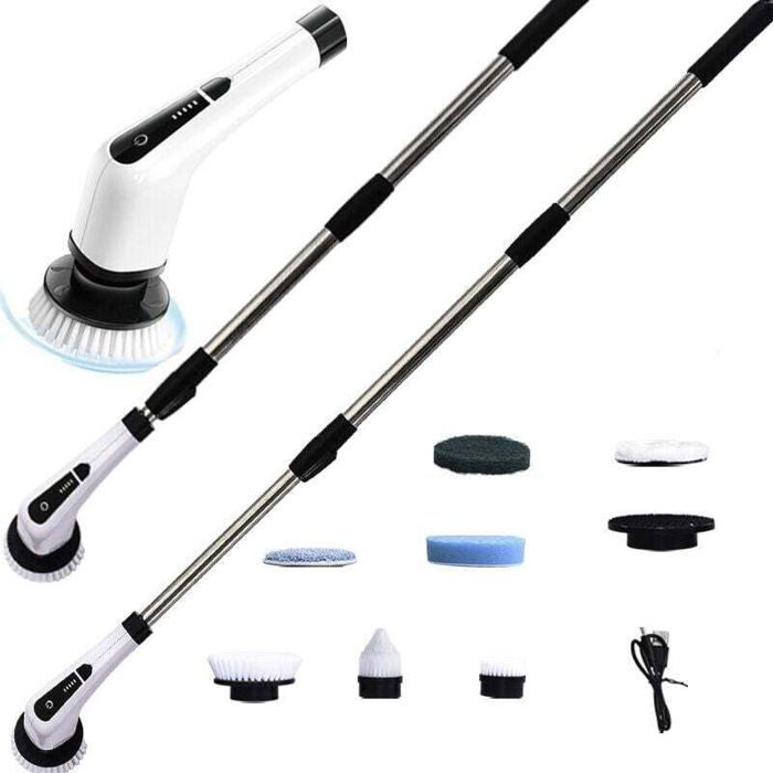 Brosse de nettoyage electrique sans fil 7 en 1 rotative etanche outils de nettoyage de salle de bain avec tige telescopique 7 tetes