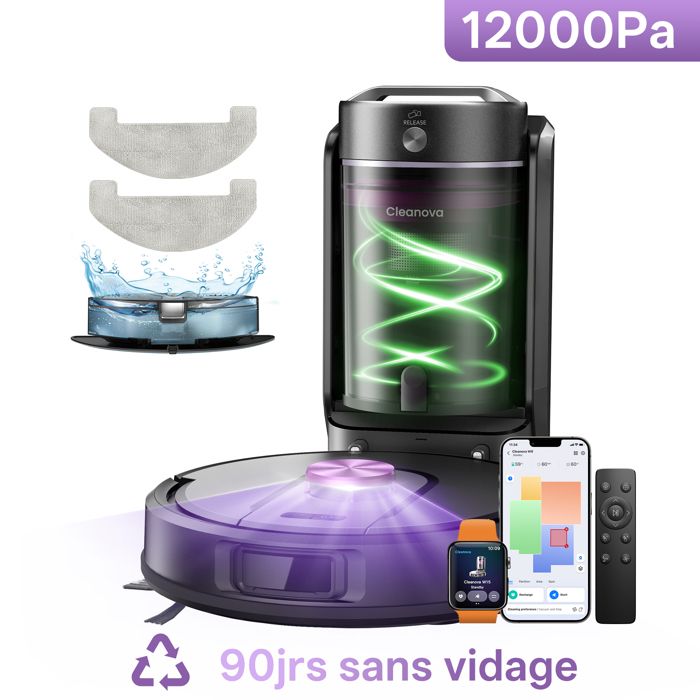 Vactidy Cleanova W15 - Aspirateur Robot Laveur avec Station sans Sac 4 L - 12 000 Pa - 200 Min - iWatch / Alexa / Google Home/IFTTT/APP - Vactidy france