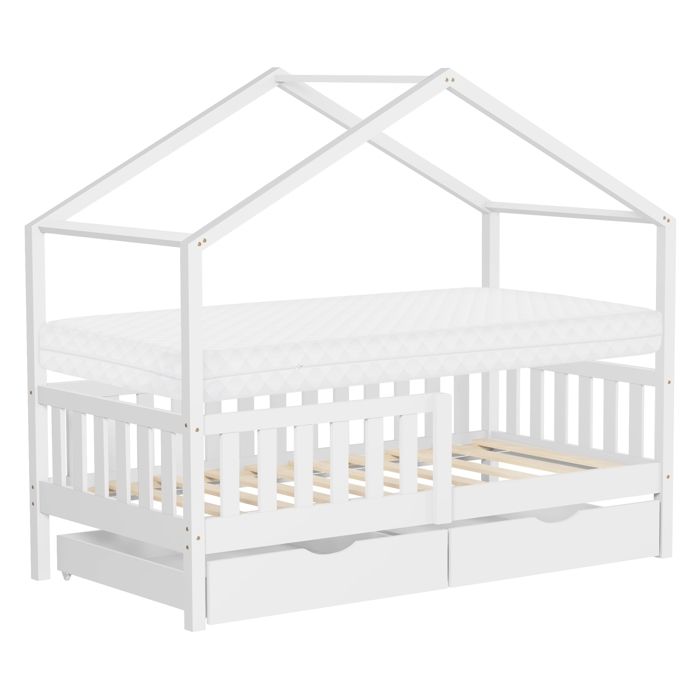 Lit cabane enfant ML-Design 80x160cm blanc avec matelas 2 tiroirs antichute toit sommier à lattes Lit cabane enfant ML-Design 80x160cm blanc avec matelas 2 tiroirs antichute toit sommier à lattes