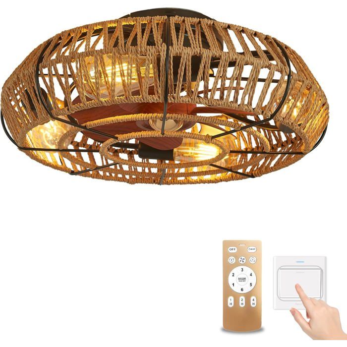 Ventilateur de Plafond Lustre Vintage avec Télécommande 6 Vitesses Cordon Chanvre - Yoledy