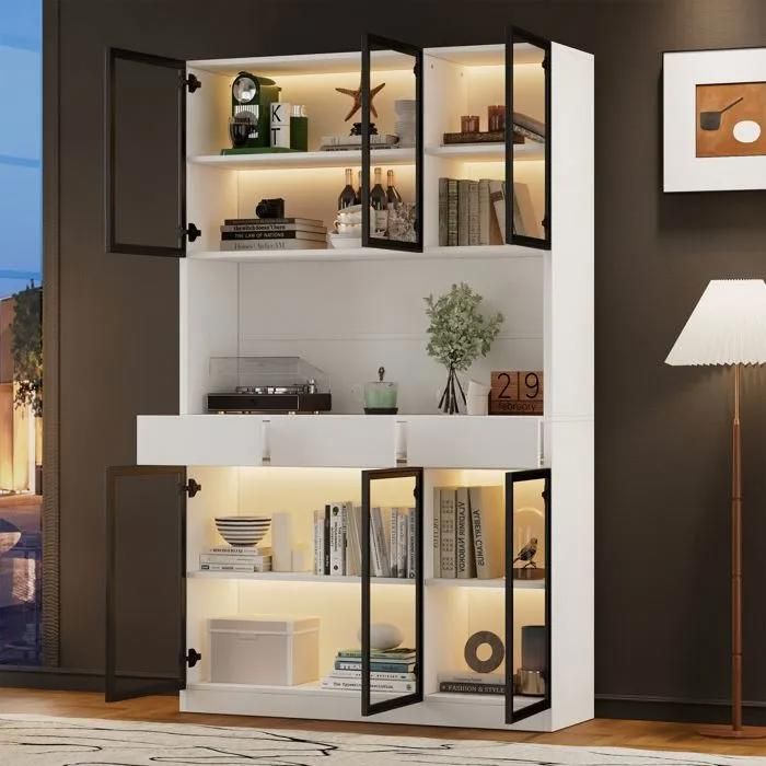 Armoire haute avec éclairage LED Portes vitrées Idéale comme vitrine ou buffet dans le salon 120 x 36 x 200 multicolore VITRINE