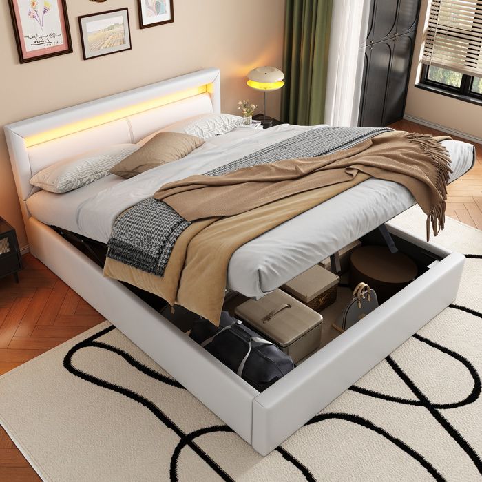 Cadre de lit Maisentiel 140x200 cm simili cuir blanc avec coffre tête rembourrée 80 cm et éclairage LED