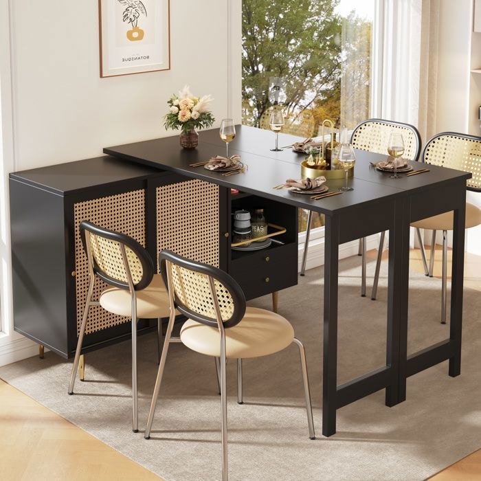 Buffet en osier avec table de bar pivotante à 360° double porte et double tiroir meuble de rangement pour salon 107 cm de long.