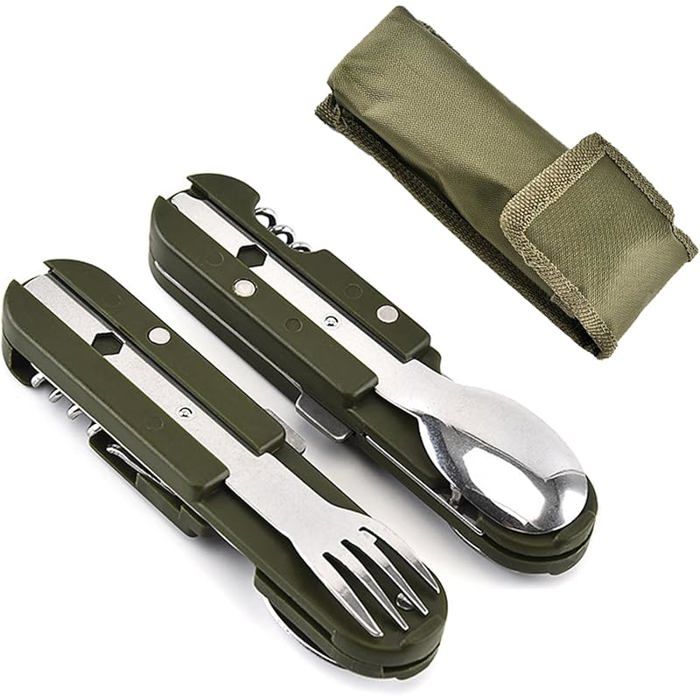 Vaisselle Pliante en Acier Inoxydable 5 en 1 Outils de Camping Multifonctionnels Couverts Pliables pour Pique-Niques POPOTE