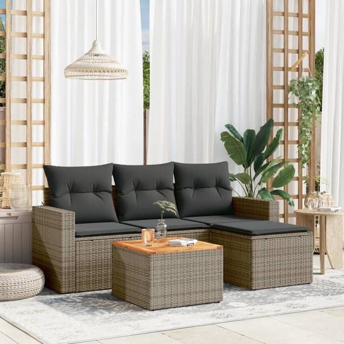 NEW 2026 Salon de jardin lot de 5 Meuble pour 4 personnes avec coussins gris résine tressée 65.5x62x69 cm S2750
