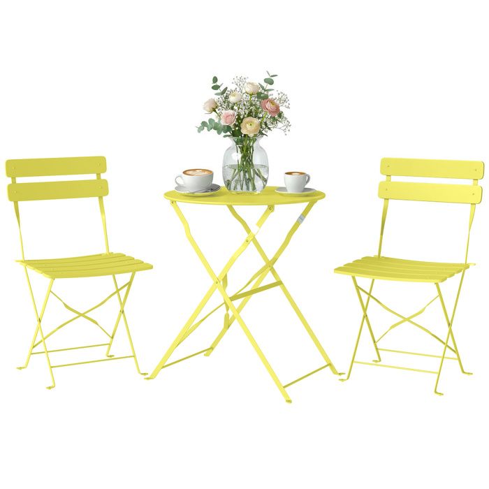 Ensemble bistrot de jardin - 3 pièces - table et 2 chaises pliantes à lattes san montage - métal -42x48x80cm - jaune