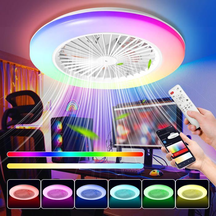 Ventilateur de plafond RVB avec éclairage et télécommande - Diamètre 49 cm - Plafonnier LED intelligent - Tomasortel