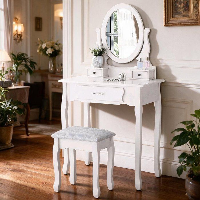 Coiffeuse Classique avec Miroir Ovale Rotatif 360°Tabouret3 TiroirsMeuble de MaquillageBlanc Moderne75x40x136 cmpour adulte