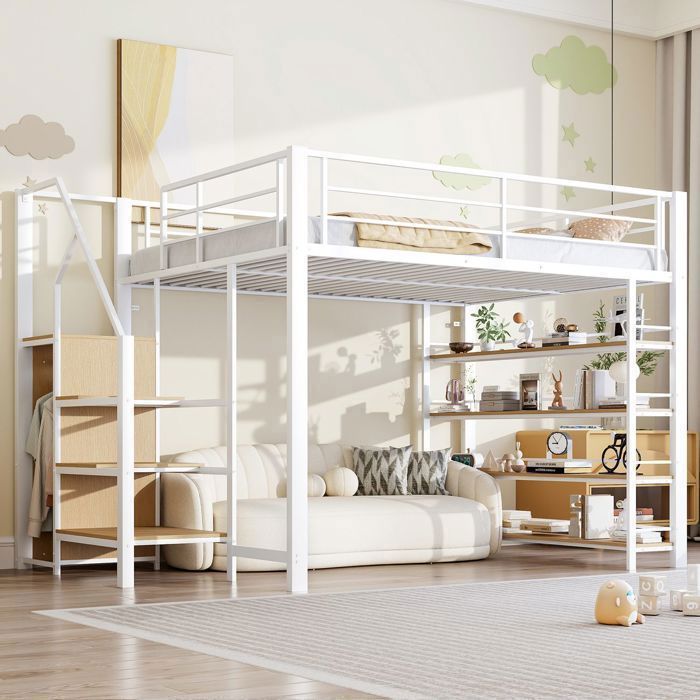 Lit Mezzanine 140x200 cm avec Escalier Rangement - lit 2 places - Armoire et Étagères Métal Blanc Gain de Place