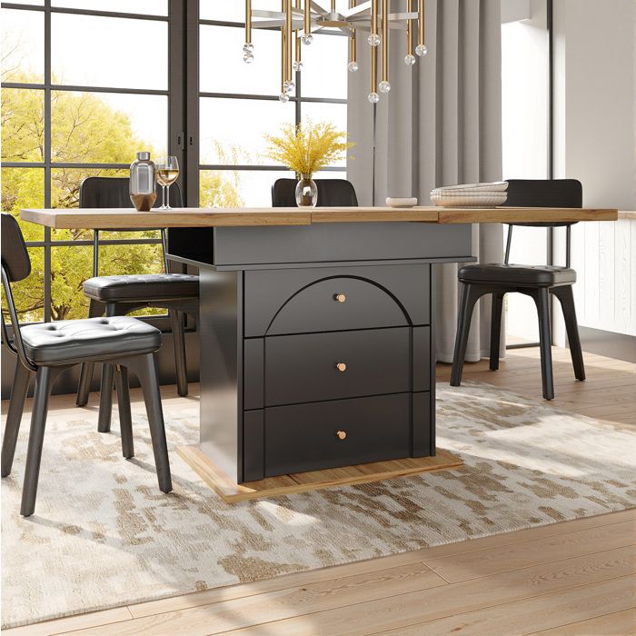 Table de salle à manger extensible 110-140×80×75 cm 2 tiroirs et rangement - BEAUNIV - Cuisine et salon noir et naturel
