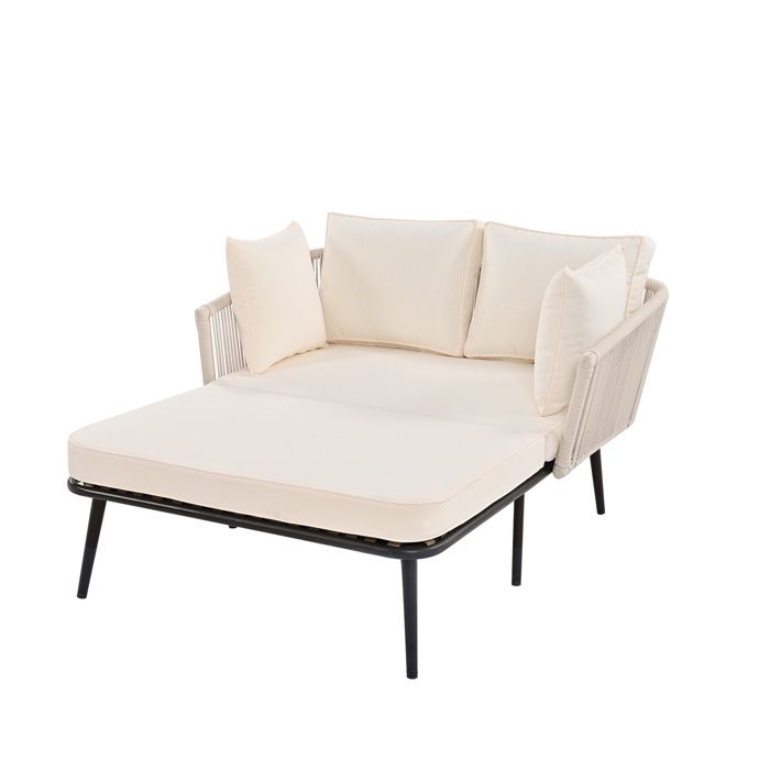 Salon de jardin beige canapé méridienne extérieure 2 poufs housses lavables terrasse balcon