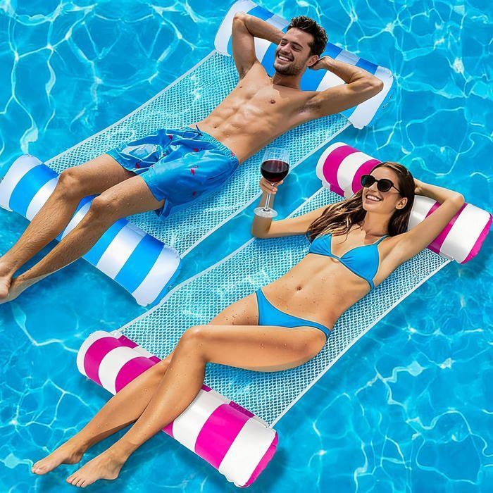 Hamac Piscine Gonflable 2 Pièces – 4-en-1 Filet Et Pompe Incluse – Flotteur Semi-immergé 127x70 Cm – Jusqu'à 113 Kg