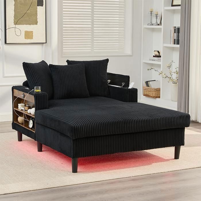Chaise longue 1 place 129x170x70 cm en velours côtelé avec LED 2 porte-gobelets port USB et rangement - Noir
