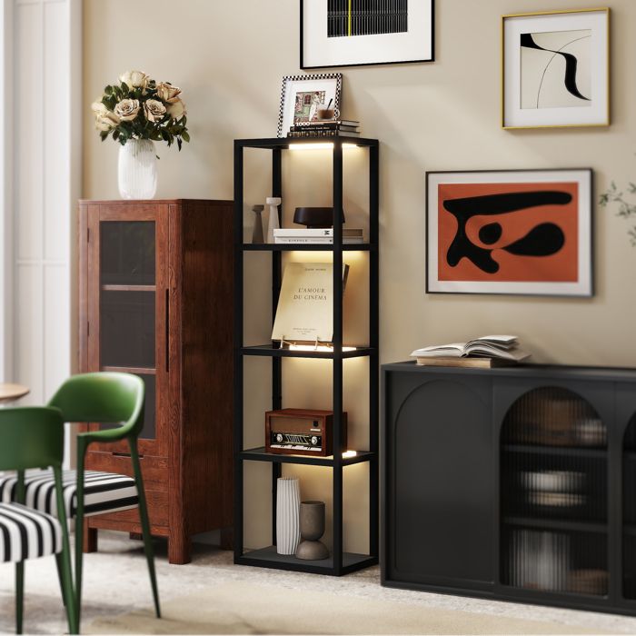 Lampadaire LED avec étagère 4 niveaux 4 tablettes en verre interrupteur au pied MDF noir