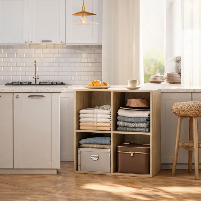 Meuble de rangement carré en panneau reconstitué chêne 4 cubes ouverts style scandinave étagère multifonction pour salon ou