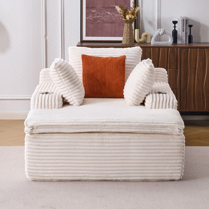 AESVAR canapé de sol compressé 1 place avec méridienne velours côtelé beige sans montage