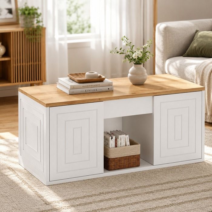 Table Basse Relevable- 95x46x45cm - Rectangulaire Table Basse-Table Basse (Couleur Blanc et bois)-Pour Salon Bureau
