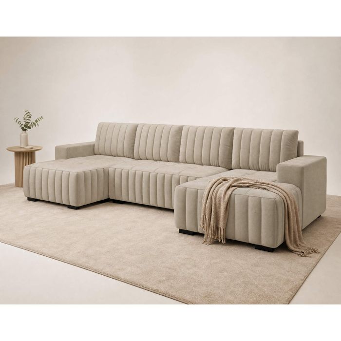 Lazare - Canapé panoramique en U 7 places convertible avec coffre en velours - Beige Lazare - Canapé panoramique en U 7 places convertible avec coffre en velours - Beige