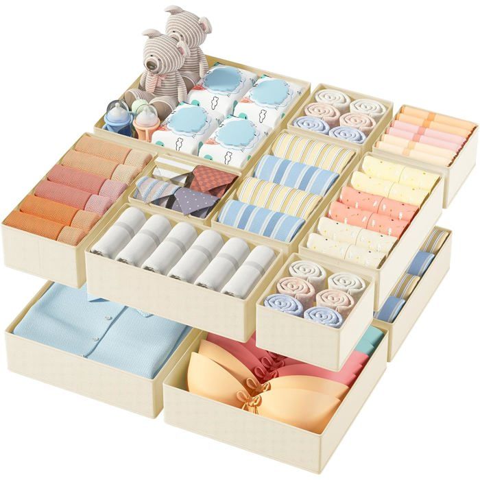 Boîtes de rangement tiroir pliables en tissu non tissé beige - lot de 12 organisateurs 30x30x9 30x15x9 et 15x15x9 cm pour vêtements
