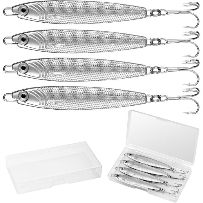 4 Pièces Leurres Métalliques pour Pêche en MerHameçons Triples ArgentMinnow Cuillère Leurres Brochet40g * 4