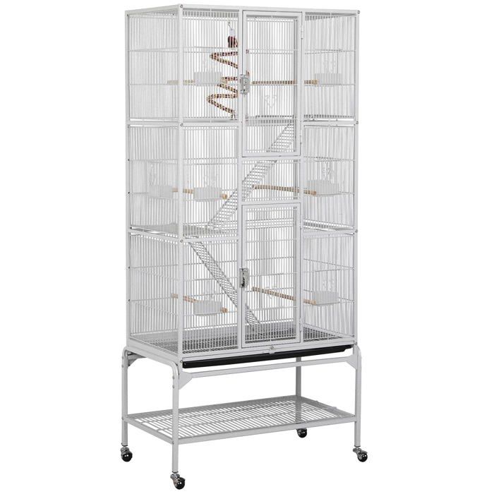 Cage à oiseaux - volière perroquet perruche calopsitte conure canaris sur roulette - 77 x 46 x 175 5 cm - blanc 3 niveaux 4 roues