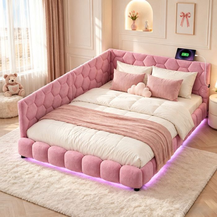 Lit Banquette 140x200 cm Bouclette Rose LED USB & Type-C UTTQEW Lit 2 Places Sommier à Lattes Dossier Rembourré en L