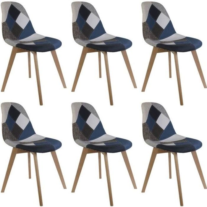 chaises patchwork bleu et gris - altobuy - lot de 6 - style scandinave moderne - pieds en bois massif