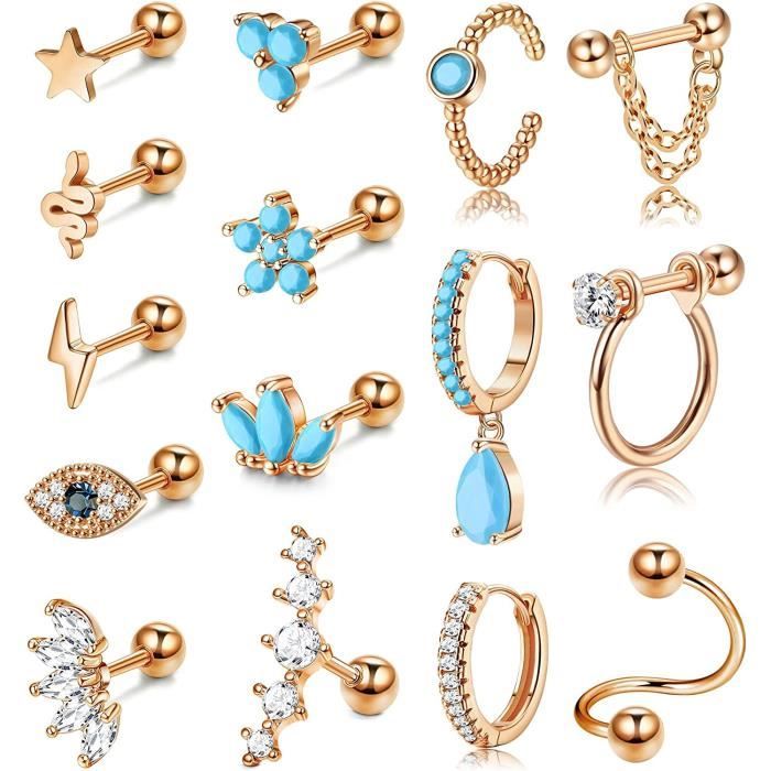Lot De 10 Paires De Boucles D'oreilles Hypoallergéniques - Clous Flat Back, Créoles, Chaînes - Plaqué Or 14K, Acier Chirurgical - Pour Lobes, Cartilage, Piercing Multiple