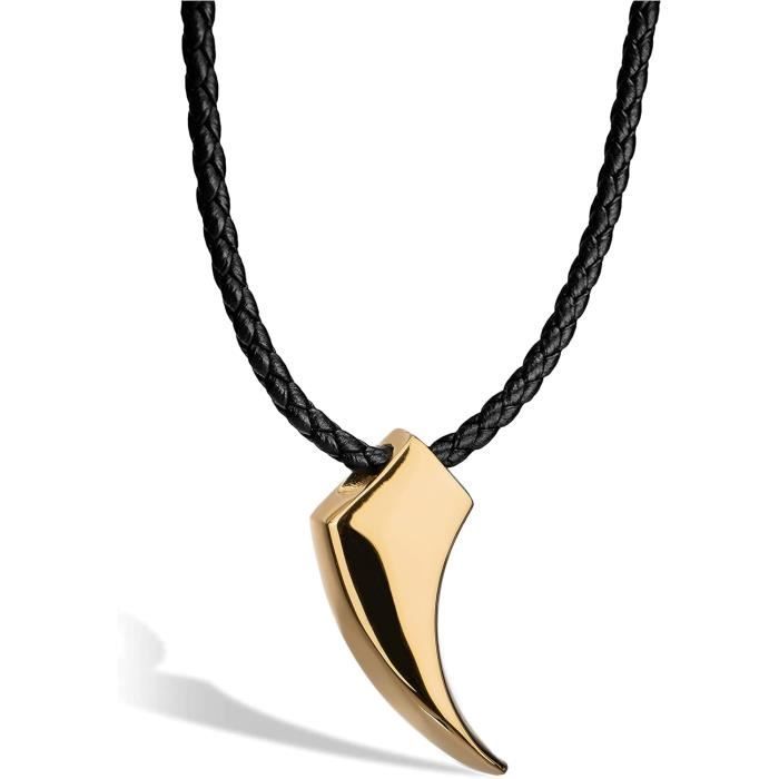 Collier En Cuir Dent De Loup Pour Homme En NoirArgentOr, Collier En