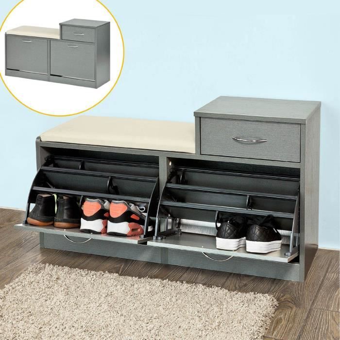 Banc Meuble A Chaussures 2 Abattants Avec Coussin Et 1 Tiroir