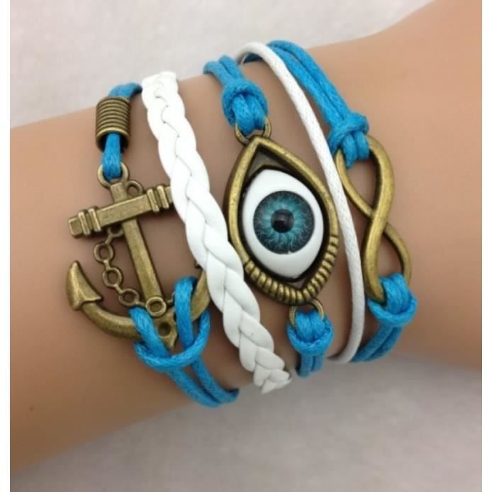 Bracelet - Oeil bleu - Ancre bateau - Lien infini - Bleu