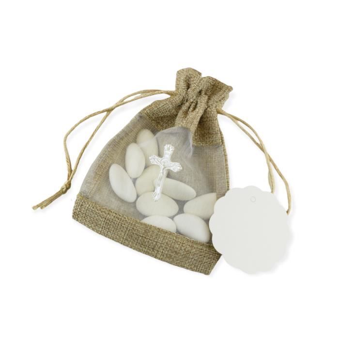 20 Pochettes Toile de Jute +Croix +Étiquettes Ballotin Dragées Mariage Communion - Maison