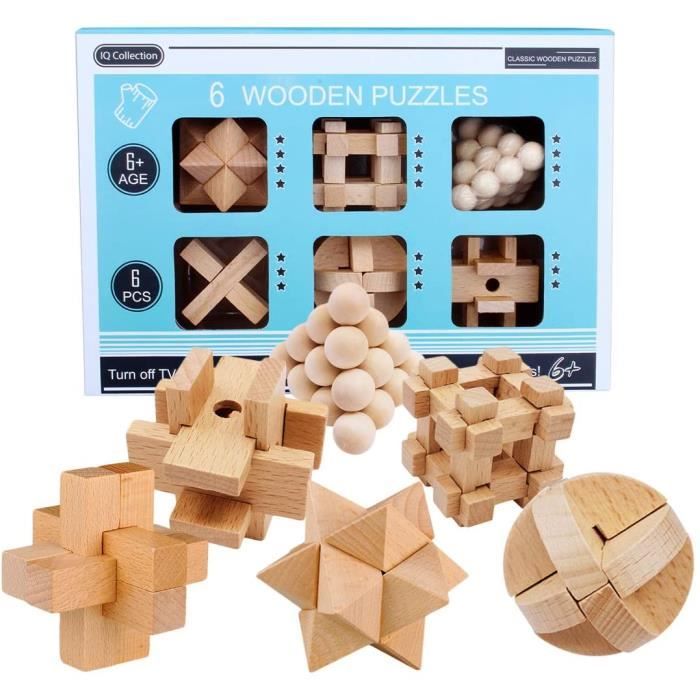 6 Pièces Cassetête Bois,3D Puzzle Classique Brain Teaser IQ Puzzle Jeu