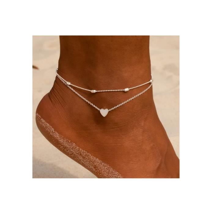 bracelet de cheville double argent femme fille en forme de cœur boho réglable chaîne de cheville anklet bijoux de bracelet de pied