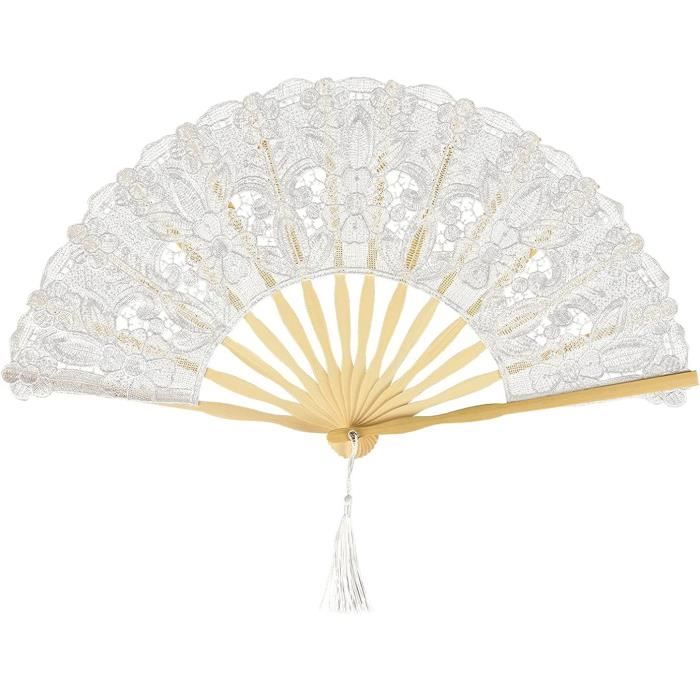 Eventail Mariée Dentelle Soie Bois Brodée Blanc - Accessoires de mariage dété