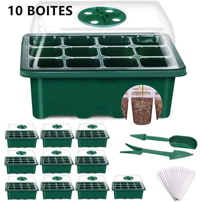 Bac à semis Mini Serre pour Plantes 10Pcs Plateaux de Culture Serre Intérieure Pépinière Boîte de Culture avec Couvercle -VERT