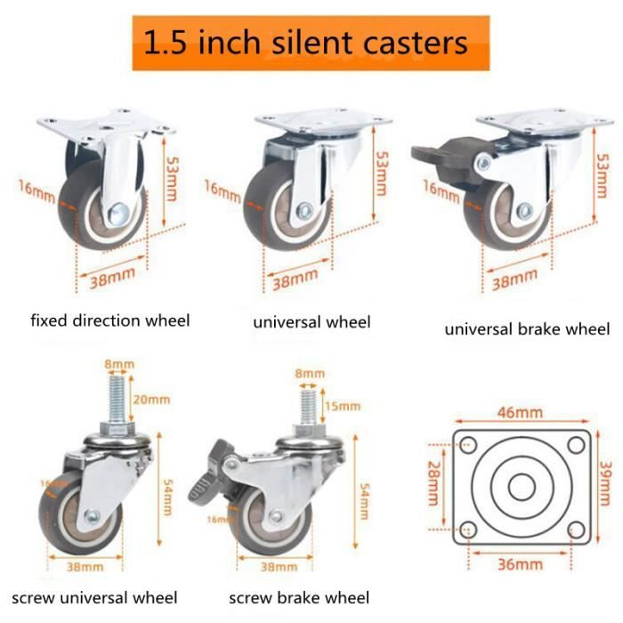 5 Roulettes Directionnelles Avec Frein Pour Meubles - Nylon M10 X 15mm - Diamètre 1,5 Pouces - Parfait Pour Canapés, Lits, Armoires