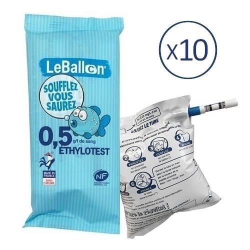 ETHYLOTEST Taux 0,5 g - Lot de 10 ex - Contralco NF X 20702 - sans Chrome - Produit français - Le Ballon