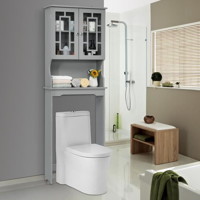 costway meuble dessus toilette wc colonne de salle de bain avec 2 portes étagère de salle de bain armoire de toilettes wc gris