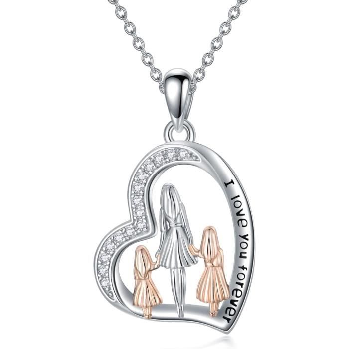 Collier Maman Argent 925 Pendentif Double Cœur Gravé – Cadeau Fête Des Mères