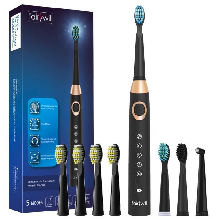 Brosse à dents electrique rechargeable sans fil pour adultes Etanche 5 Modes à choisir noir