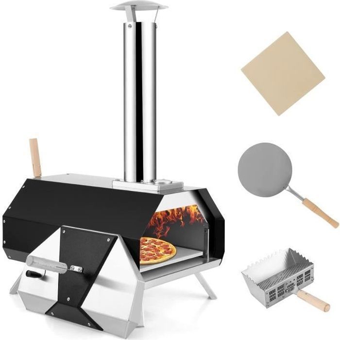 GIANTEX Four à Pizza Extérieur en Inox à Bois/Charbon/Granulés avec Thermomètre et Cheminée AmoviblePierre à Pizza+Pelle fournis