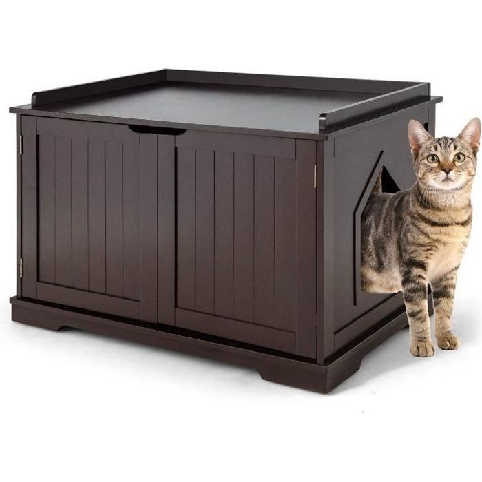 Goplus Maison Pour Chat En Bois Cabane Abri Enclos Pour Chat Avec Fenetres Et Portes Style Moderne 75x54x52cm Marron Cdiscount Animalerie