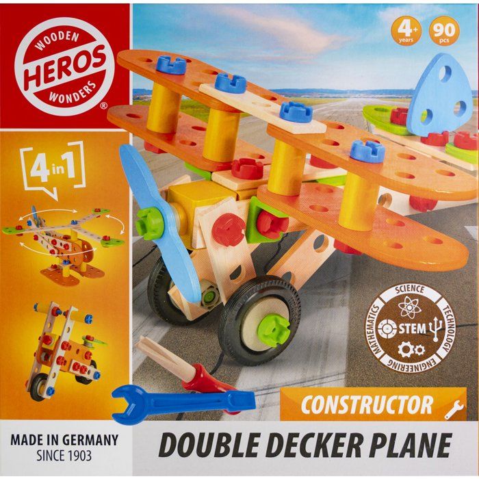 HEROS Constructor Avion Biplan à construire En bois 100 % certifié FSC® 90 pièces Dès
