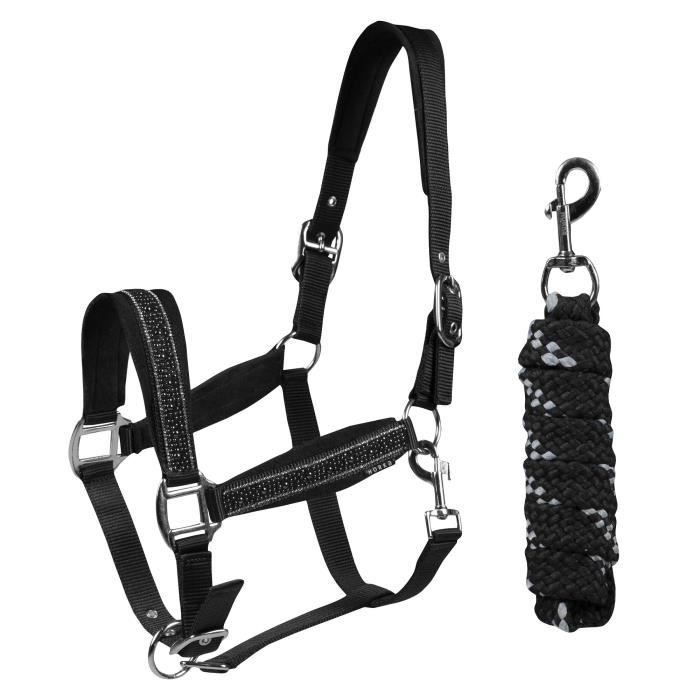 Ensemble licol et longe pour cheval Horka EP Crystals & Pearls - noir - Poney