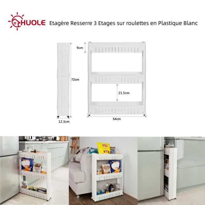 Desserte de cuisine HUOLE Resserre 3 Etages sur roulettes de salle de bains 54 x 12 x 71 cm en Plastique Blanc
