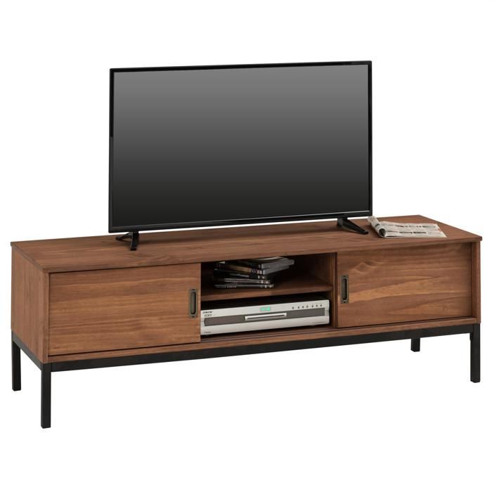 Meuble TV SELMA L 145 cm en bois massif brun foncé au style industriel design vintage avec 2 portes coulissantes Meuble TV SELMA L 145 cm en bois massif brun foncé au style industriel design vintage avec 2 portes coulissantes