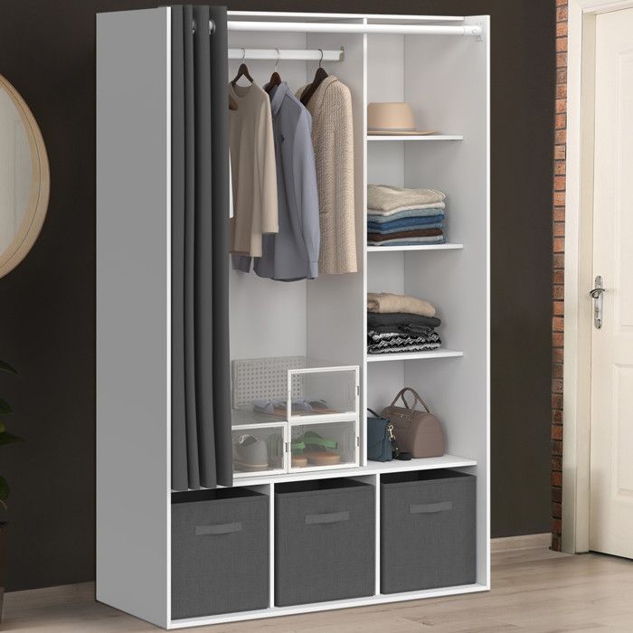 IDMARKET Dressing penderie DIANE 105 x 45 x 167 cm blanc avec étagères + boites de rangement + rideau gris