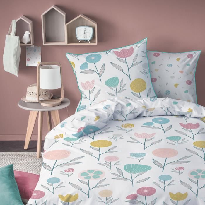 Parure Lit Fille MATT & ROSE 140x200cm - 100% Coton Oeko-Tex - Housse Couette + Taie 63x63cm