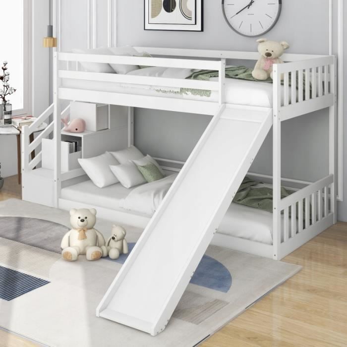 misnode lit enfant 90x200 cm, avec escalier et toboggans, lit superposé, bois de pin massif, avec 2 tiroirs, berceau, blanc